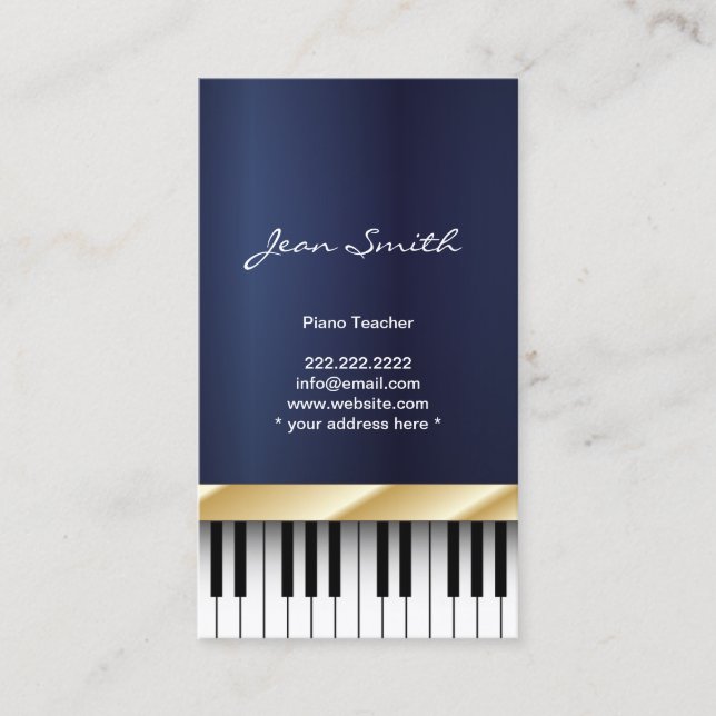 Gold Strip Piano Teacher Dark Blue Business Card Visitenkarte (Vorderseite)