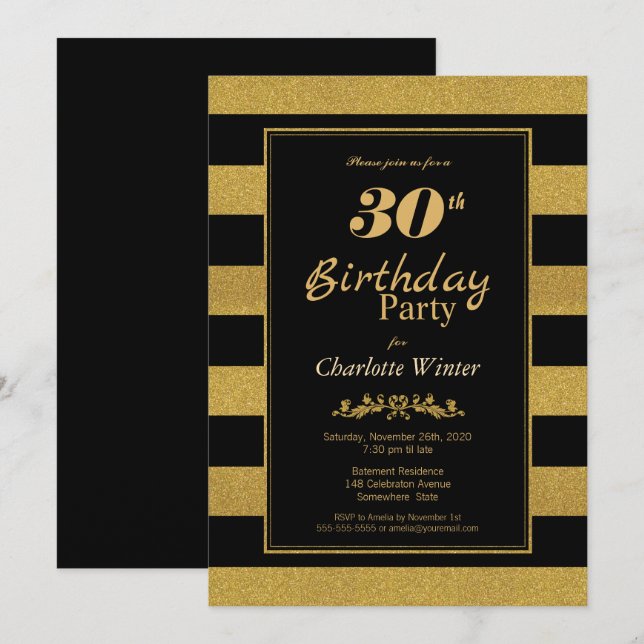Gold Stripe 30. Geburtstag Party Einladung (Vorne/Hinten)