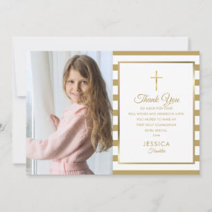 Gold Stripe First Holy Communion Foto Dankeskarte