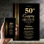 Gold Striped Black 50th Surprise Birthday Party Einladung<br><div class="desc">Make the surprise unforgettable with this stylish gold striped black surprise 50th birthday party invitation. The customizable text templates allow you to add the name of the honored guest, the secret party details, and the venue with ease. Your guest of honor will be in for a night of laughter and...</div>