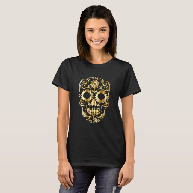 Gold Sugar Skull auf schwarz T-Shirt (Vorne ganz)