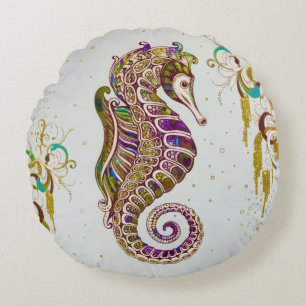 Gold Summer Rainbow Seepferd Glitzer Rundes Kissen