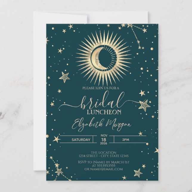 Gold Sun And Moon Stars Green Bridal Luncheon Einladung (Vorderseite)