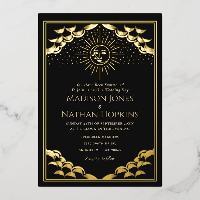 Gold Sun and Moon Tarot Card Einladung zur Hochzei (Vorderseite)