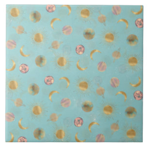 Gold Sun Moon Planets Space Blue Illustration Fliese