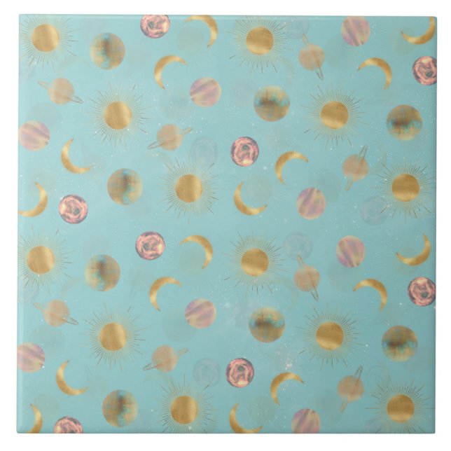 Gold Sun Moon Planets Space Blue Illustration Fliese (Vorderseite)