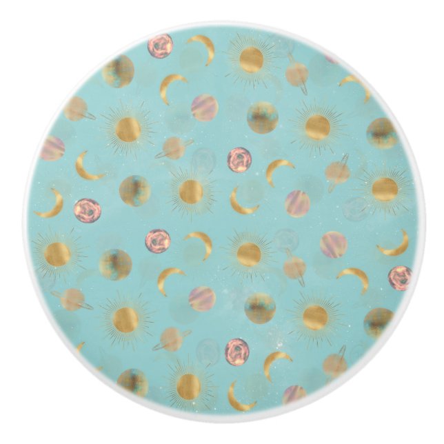 Gold Sun Moon Planets Space Blue Illustration Keramikknauf (Vorderseite)