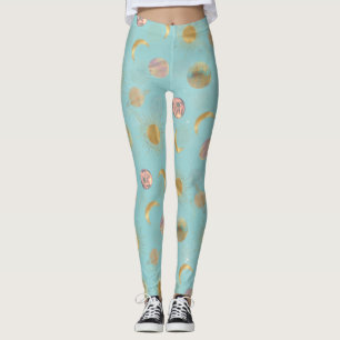 Gold Sun Moon Planets Space Blue Illustration Leggings