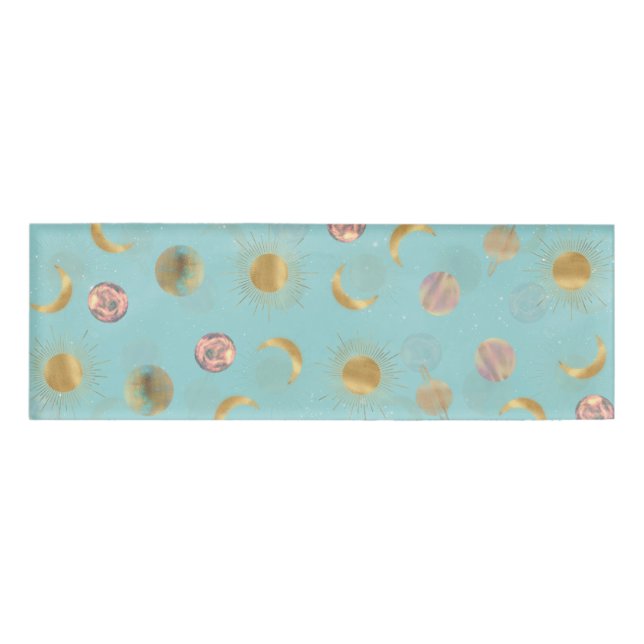 Gold Sun Moon Planets Space Blue Illustration Namenschild (Vorderseite)