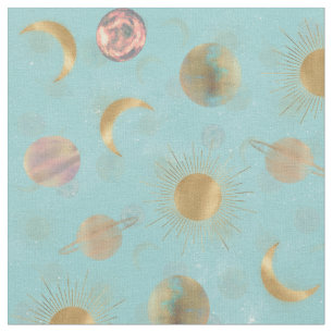 Gold Sun Moon Planets Space Blue Illustration Stoff