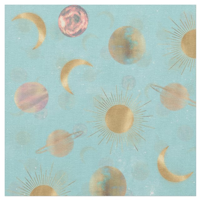 Gold Sun Moon Planets Space Blue Illustration Stoff (Nahaufnahme)