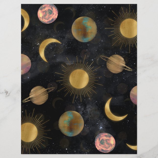 Gold Sun Moon Planets Space Illustration Briefbogen (Vorderseite)