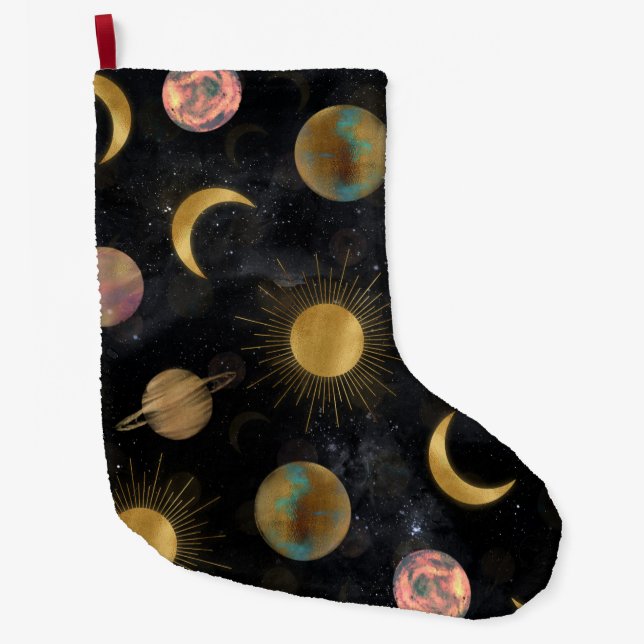 Gold Sun Moon Planets Space Illustration Großer Weihnachtsstrumpf (Vorderseite)