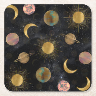 Gold Sun Moon Planets Space Illustration Rechteckiger Pappuntersetzer