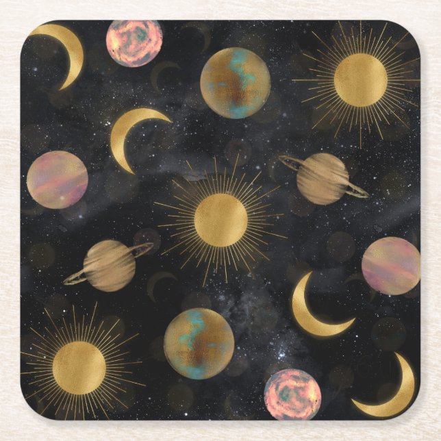 Gold Sun Moon Planets Space Illustration Rechteckiger Pappuntersetzer (Vorderseite)