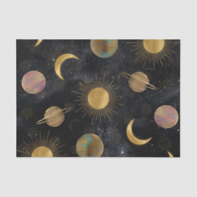 Gold Sun Moon Planets Space Illustration Seidenpapier (Vorderseite)