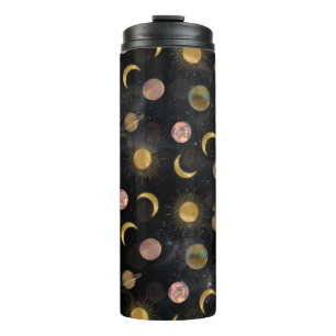 Gold Sun Moon Planets Space Illustration Thermosbecher