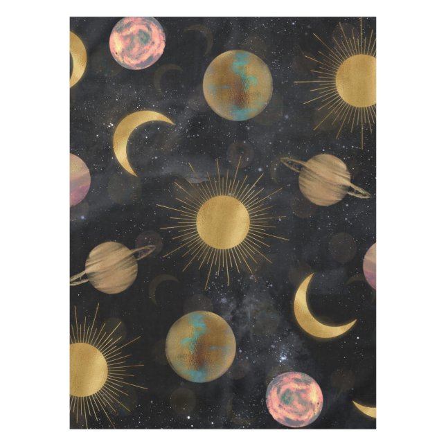 Gold Sun Moon Planets Space Illustration Tischdecke (Vorderseite)