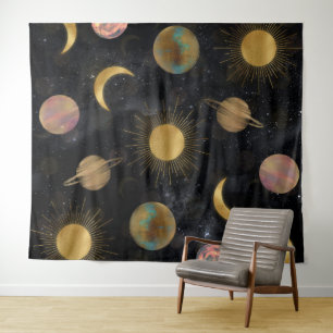 Gold Sun Moon Planets Space Illustration Wandteppich