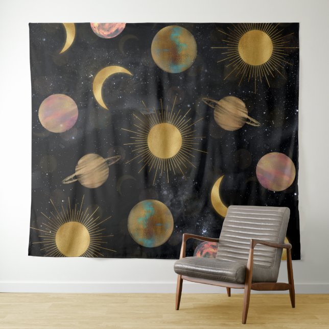 Gold Sun Moon Planets Space Illustration Wandteppich (Beispiel (Horizontal))