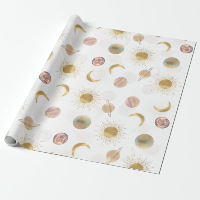 Gold Sun Moon Planets Space White Illustration Geschenkpapier (Ungerollt)
