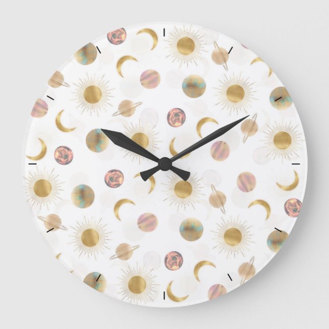 Gold Sun Moon Planets Space White Illustration Große Wanduhr (Vorderseite)