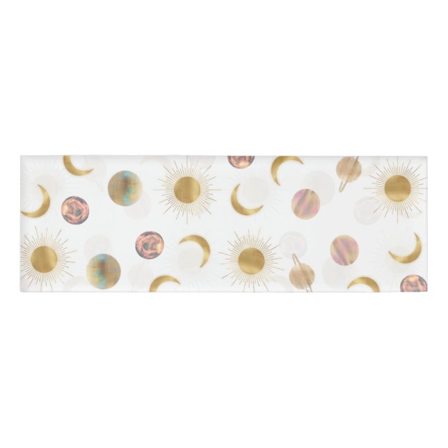 Gold Sun Moon Planets Space White Illustration Namenschild (Vorderseite)