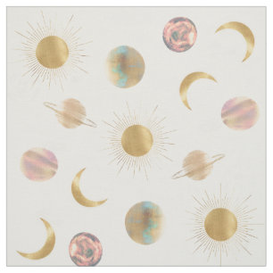 Gold Sun Moon Planets Space White Illustration Stoff