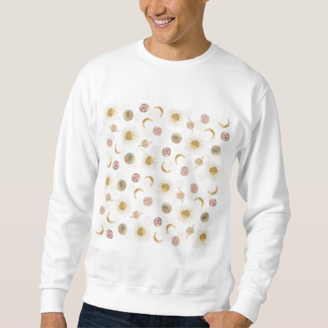 Gold Sun Moon Planets Space White Illustration Sweatshirt (Vorderseite)