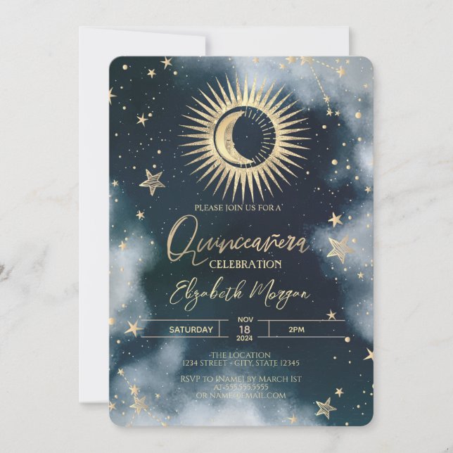 Gold Sun, Moon, Stars Night Sky Quinceanera Einladung (Vorderseite)