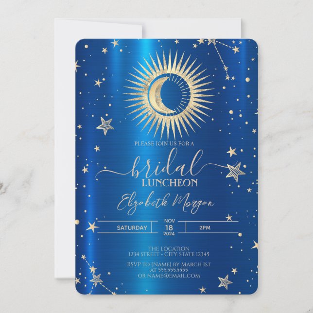 Gold Sun und Moon Stars Blue Metallic Luncheon Einladung (Vorderseite)