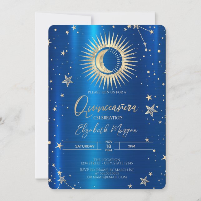 Gold Sun und Moon Stars Blue Metallic Quinceanera Einladung (Vorderseite)