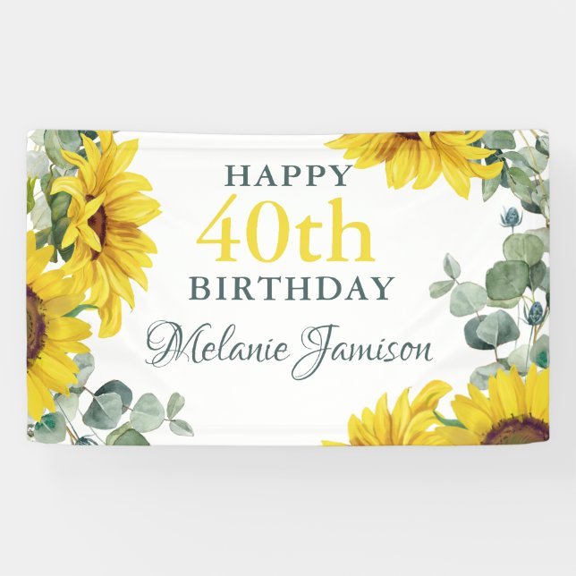 Gold Sunflower 40th Birthday Party Banner (Horizontal)
