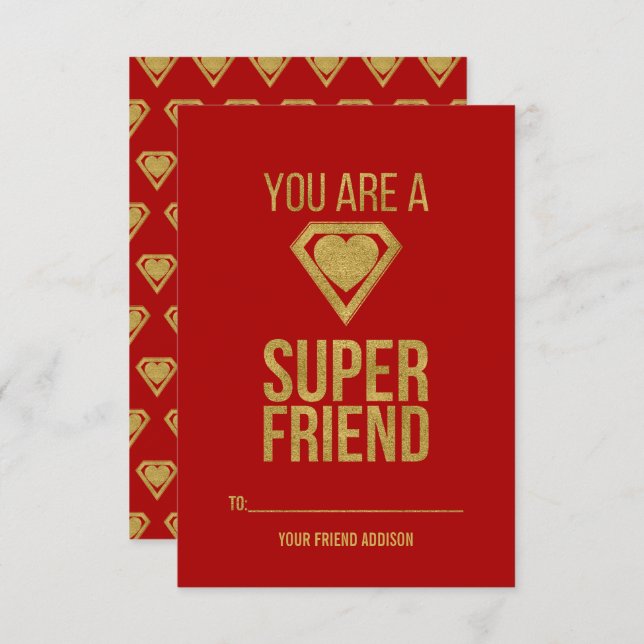 Gold Superheld Friend Classroom Valentine Card Rot Einladung (Vorne/Hinten)