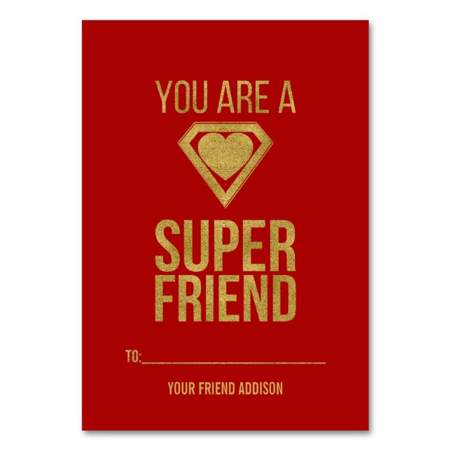 Gold Superheld Friend Classroom Valentine Card Rot Tischnummer (Vorderseite)