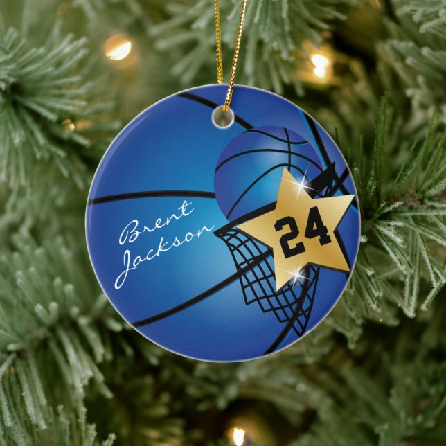 Gold Superstar Basketball | DIY Text | Dunkelblau Keramik Ornament (Baum)
