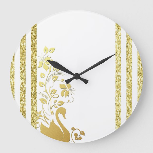 Gold Swans Floral Strickuhr Große Wanduhr (Vorderseite)