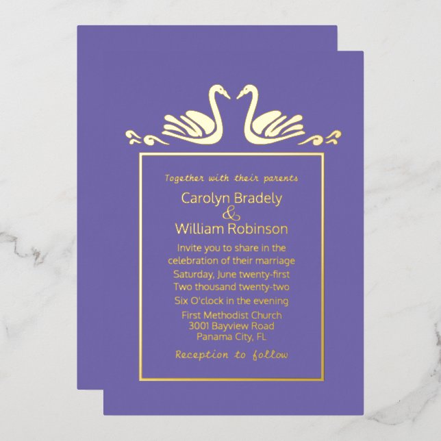 Gold Swans Lavender Wedding Foil Einladung (Vorderseite/Rückseite)