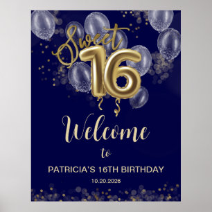 Gold Sweet 16 Balloons Royal Blue Begrüßungszeiche Poster