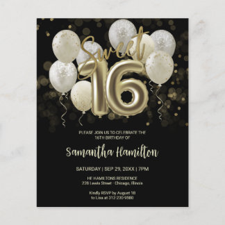 Gold Sweet 16 Bday Balloons Black Budge Einladung