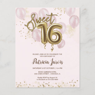 Gold Sweet 16 Bday Balloons Budget Einladungen