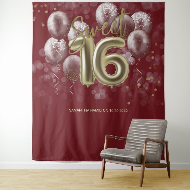 Gold Sweet 16 Bday Balloons Burgund Hintergrund Wandteppich (Beispiel)