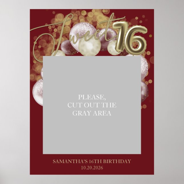 Gold Sweet 16 Bday Balloons Foto Prop Burgund Poster (Vorne)