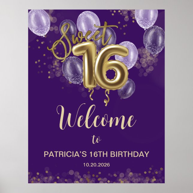 Gold Sweet 16 Bday Balloons Lila Willkommenszeiche Poster (Vorne)