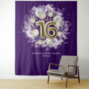 Gold Sweet 16 Bday Balloons Party Lila Hintergrund Wandteppich