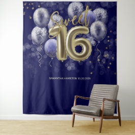 Gold Sweet 16 Bday Balloons Royal Blue Hintergrund Wandteppich