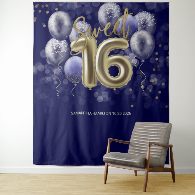 Gold Sweet 16 Bday Balloons Royal Blue Hintergrund Wandteppich (Beispiel)