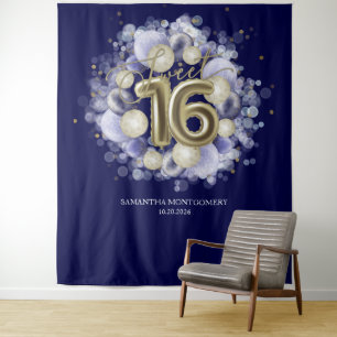 Gold Sweet 16 Bday Balloons Royal Blue Hintergrund Wandteppich