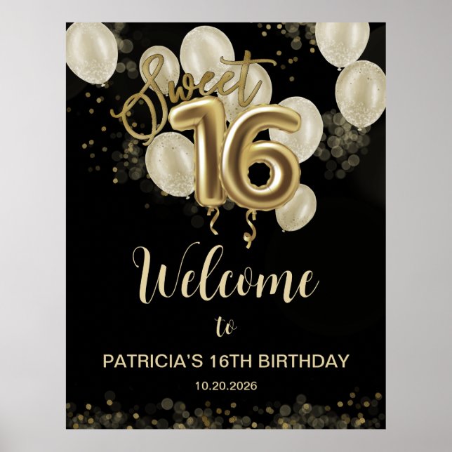 Gold Sweet 16 Bday Balloons Schwarzes Willkommensz Poster (Vorne)