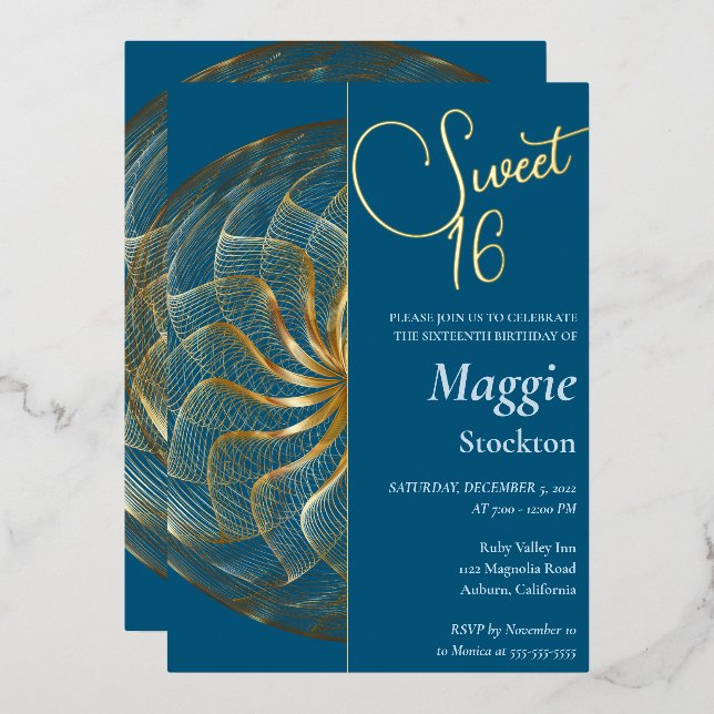 Gold Sweet 16 Einladung (Vorderseite/Rückseite)